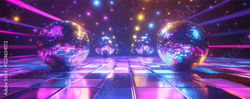 Vibrant vector disco scene with reflective spheres and colorful lights.