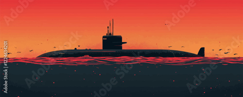 Submarine vector art at sunset with birds and ocean waves.