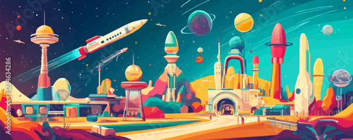 Futuristic vector space city with rockets and planets in a colorful sky.
