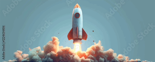Rocket launch vector: dynamic blastoff against a cloudy sky.