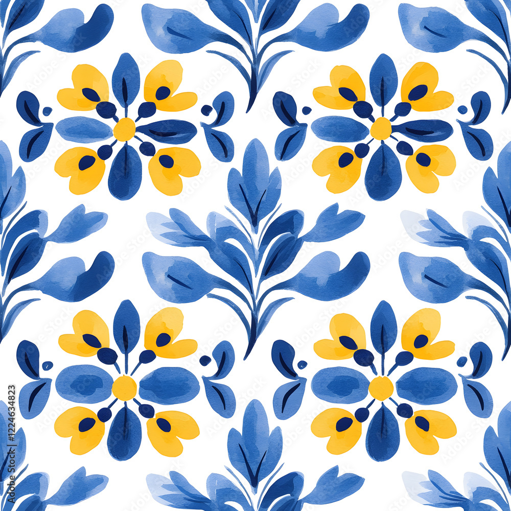 Fototapeta premium Blue and yellow tile hand drawn watercolor seamless pattern. Pattern of azulejos tiles