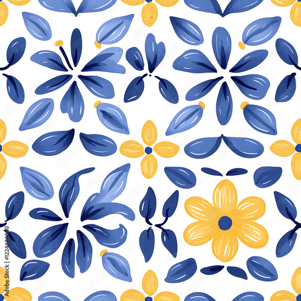 Fototapeta premium Blue and yellow tile hand drawn watercolor seamless pattern. Pattern of azulejos tiles