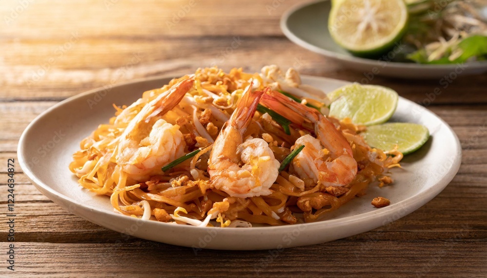 Delectable Pad Thai: Stir-Fried Rice Noodles with Shrimp and Savory Sauce on a Wooden Table Delectable Pad Thai: Stir-Fried Rice Noodles with Shrimp and Savory Sauce on a Wooden Table