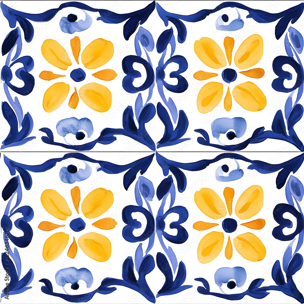 Fototapeta premium Blue and yellow tile hand drawn watercolor seamless pattern. Pattern of azulejos tiles