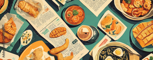 Vector art depicting asian cuisine spread on newspaper.