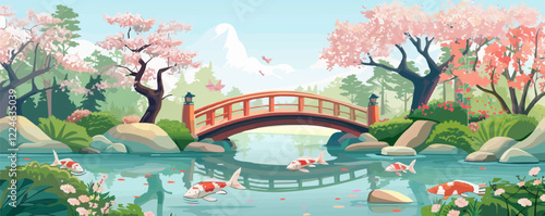 Vector art of tranquil garden with koi fish and wooden bridge.