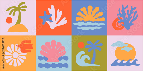 Colorful vector set of abstract summer doodles, organic shapes and forms. Hand drawn Matisse ocean collection. Modern elements in trendy minimalist style for social media banners