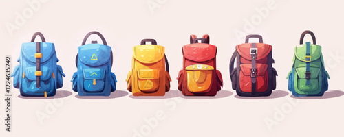 Colorful backpack collection vector: stylish and versatile designs.
