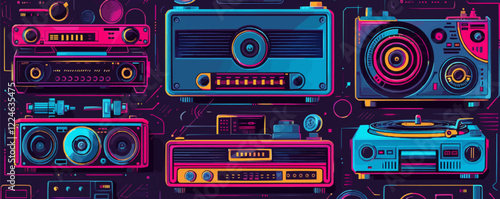 Retro vector audio devices on a colorful background.
