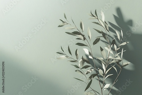 Wallpaper Mural Soft green wall background with delicate leaves casting shadows, creating a serene atmosphere Torontodigital.ca