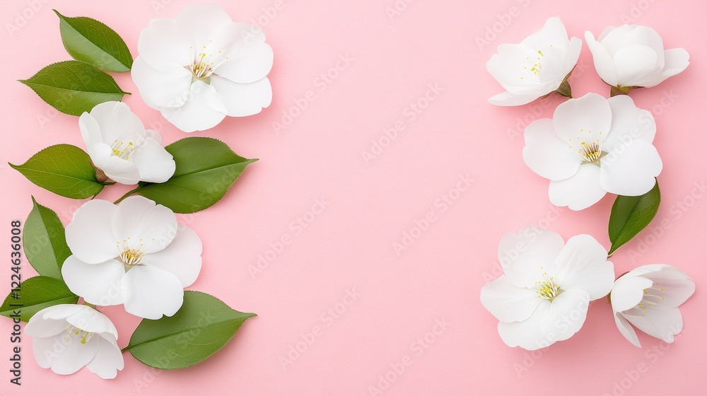 Naklejka premium Delicate White Blossoms on Pink Background Spring Floral Design