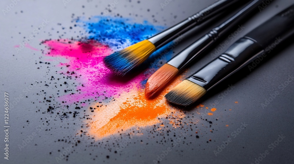Obraz premium Vibrant Hues: Three Paintbrushes on a Canvas of Color