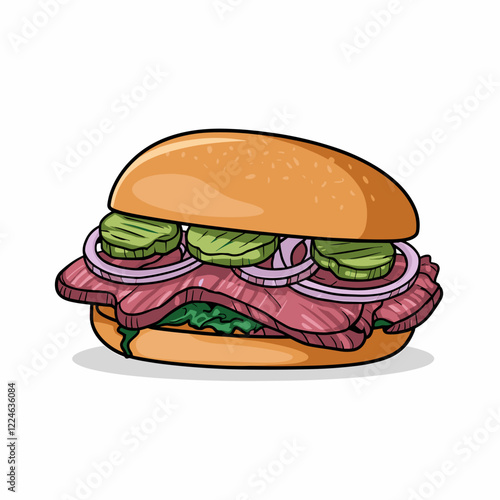 BBQ Brisket Sandwich with Pickles and Onions Illustration