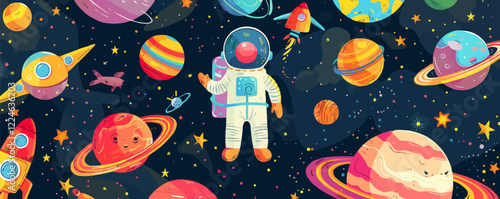 Colorful space adventure vector with planets and astronaut.