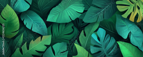 Tropical leaves vector background with lush green foliage patterns.