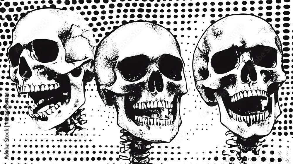 Fototapeta premium Haunting Trio of Skulls and Bones in Monochrome Shadowgraph Imagery