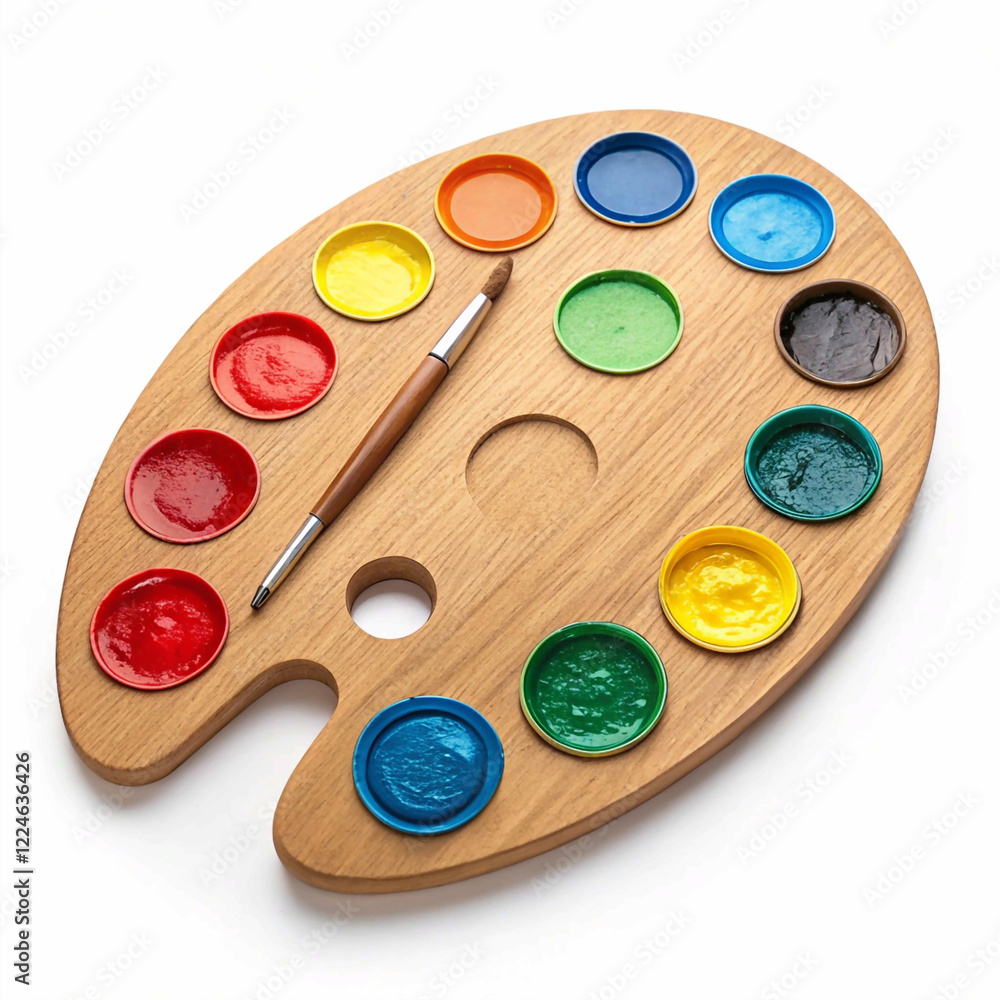 Naklejka premium palette with paints and brushes, Wooden art palette with paints isolated on white background