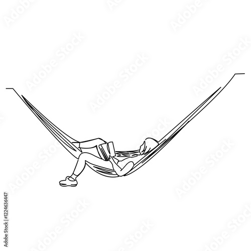 One continuous single drawing line art flat doodle girl, relax, hammock, relaxation, book. Isolated image hand draw contour on a white background
