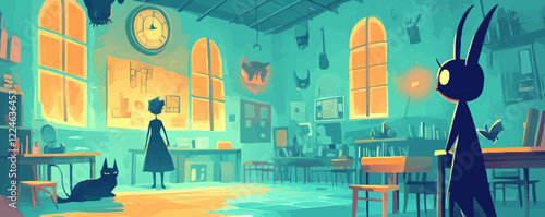 Surreal vector art: enchanted classroom with mysterious creatures.
