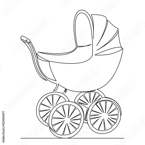 One continuous single drawing line art flat doodle carriage, stroller, wheel, baby, buggy, childhood, newborn. Isolated image hand draw contour on a white background
