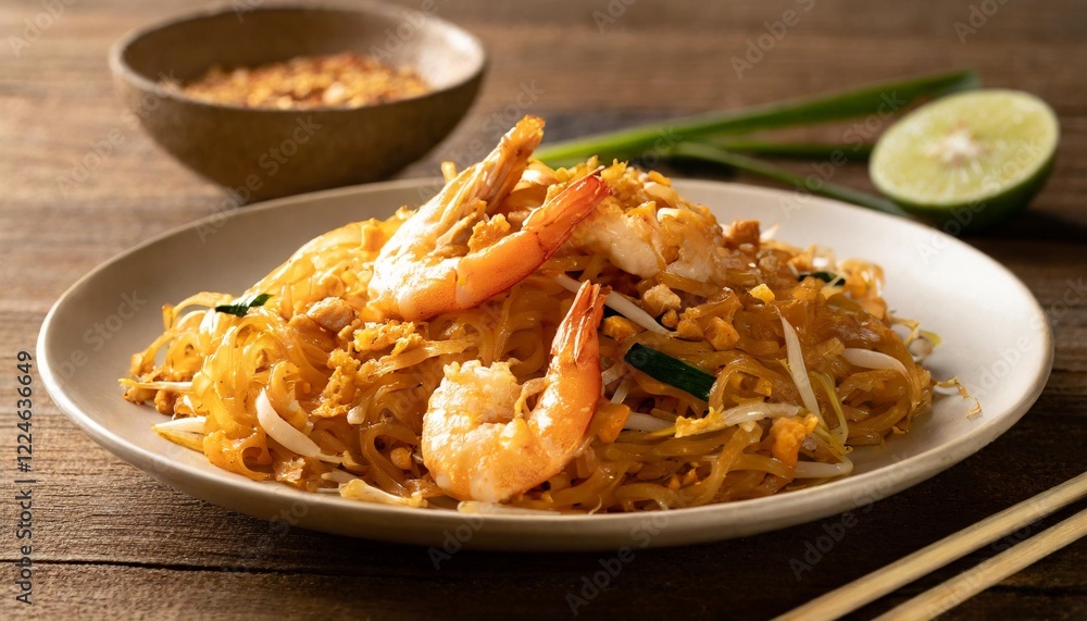Delectable Pad Thai: Stir-Fried Rice Noodles with Shrimp and Savory Sauce on a Wooden Table Delectable Pad Thai: Stir-Fried Rice Noodles with Shrimp and Savory Sauce on a Wooden Table