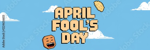 A creative minimalist April Fool's Day poster design with a pixel theme. The text 