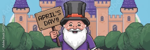 A pixel art illustration of a gnome with a top hat. He is holding a sign that says 
