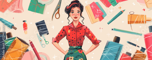 Fashion designer vector: creative seamstress with sewing supplies.