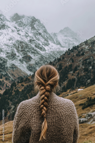 photo of a serene mountain landscape with a woman sitting on a wooden bench, her back facing the camera, wearing a cozy sweater and showcasing a long blonde braid, surrounded by vast rocky peaks   photo