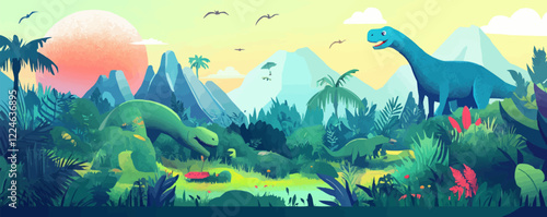 Colorful vector dinosaur landscape with prehistoric vegetation.