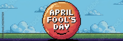 A pixel art April Fool's Day poster. The design features a large, smiling, red, circular button with the text 