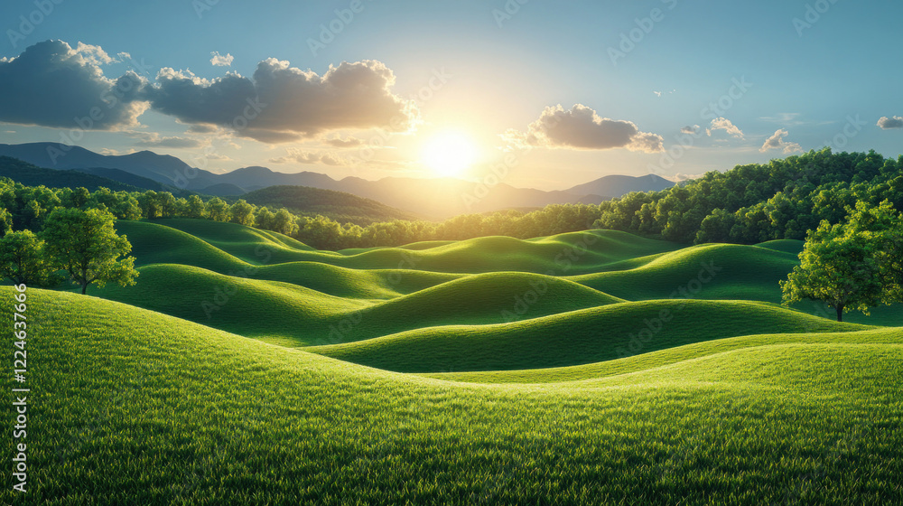 Obraz premium A vector wallpaper of rolling green hills under a bright, cartoonish sun