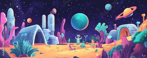 Futuristic vector landscape with alien planet and space elements.