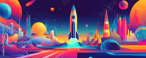 Futuristic vector spacecraft launch in vibrant cosmic landscape.
