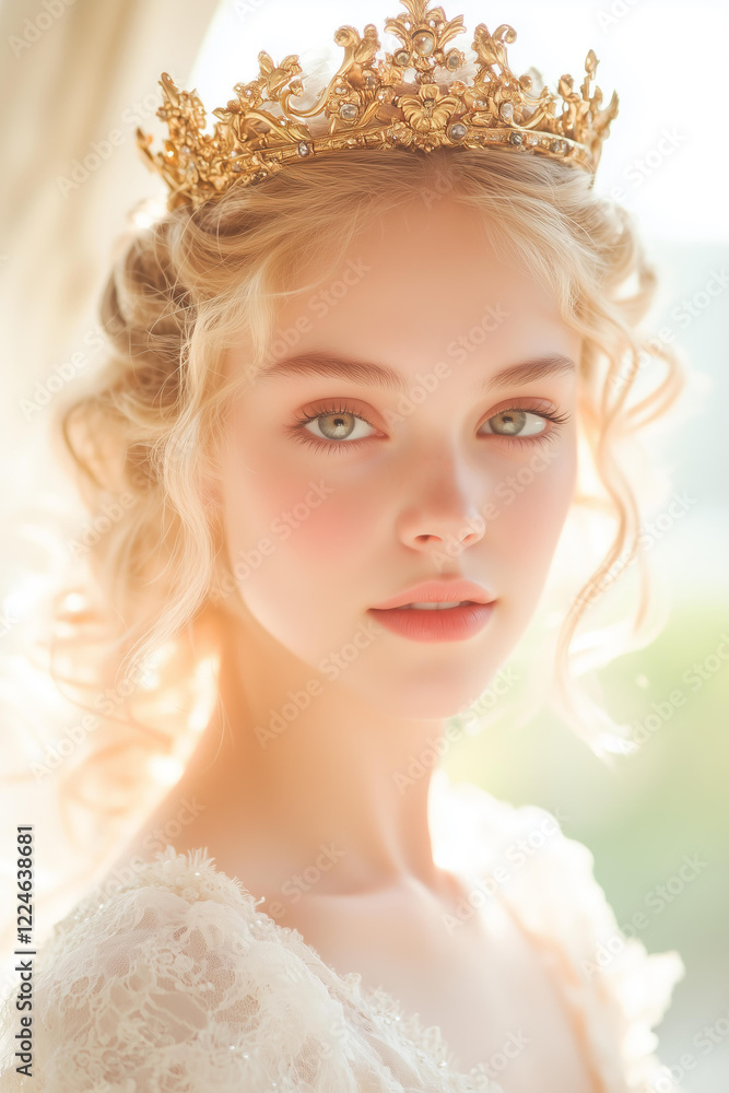 delicate young woman with soft blonde curls and a serene expression, wearing an ornate golden crown and an intricately detailed lace dress, set against a bright, airy background delicate young woman with soft blonde curls and a serene expression, wearing an ornate golden crown and an intricately detailed lace dress, set against a bright, airy background
