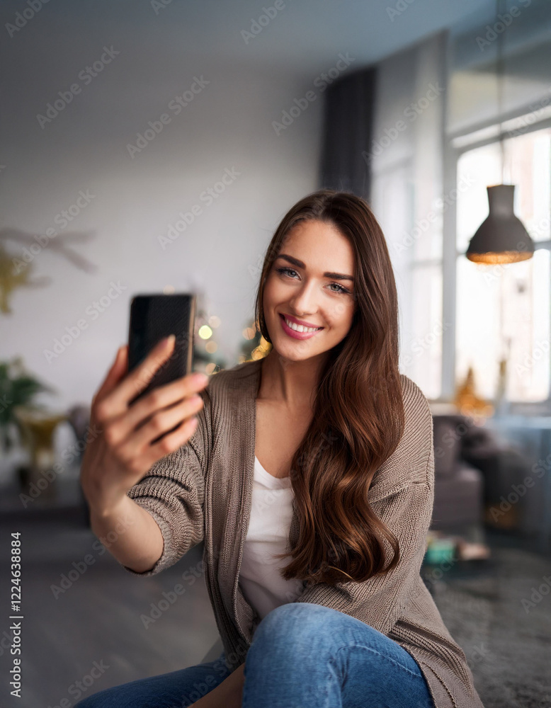 Woman with dark hair checks messages on phone, portrait of attractive person Woman with dark hair checks messages on phone, portrait of attractive person