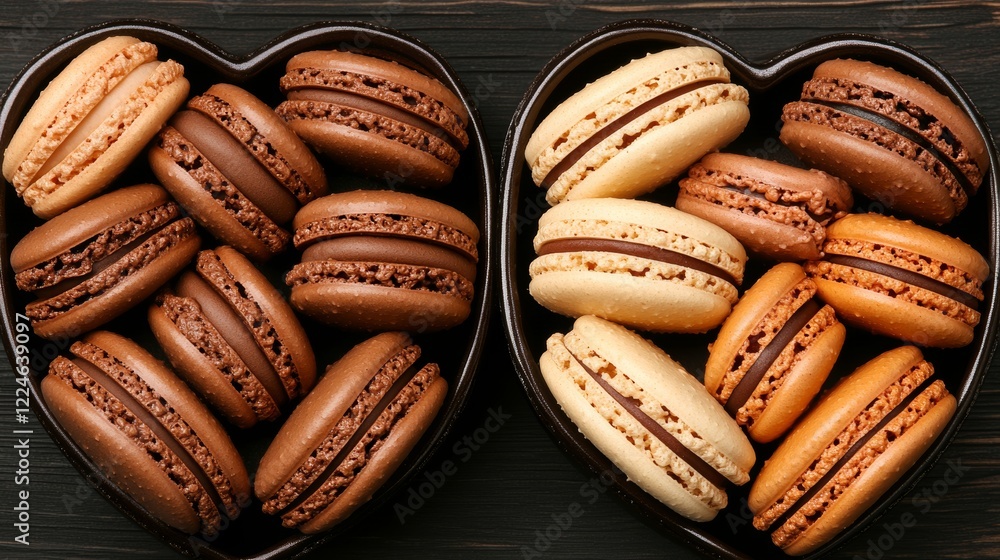 Delicious Chocolate and Caramel Macarons in Heart-Shaped Boxes Delicious Chocolate and Caramel Macarons in Heart-Shaped Boxes