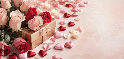 Light pink Valentine's Day background. Roses, candles and gifts. Empty space for text. Perfect for Valentine's Day