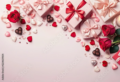 Light pink Valentine's Day background. Roses, candles and gifts. Empty space for text. Perfect for Valentine's Day