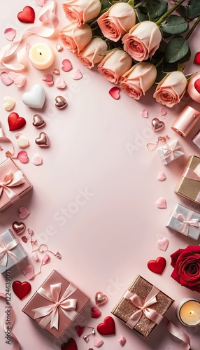Light pink Valentine's Day background. Roses, candles and gifts. Empty space for text. Perfect for Valentine's Day
