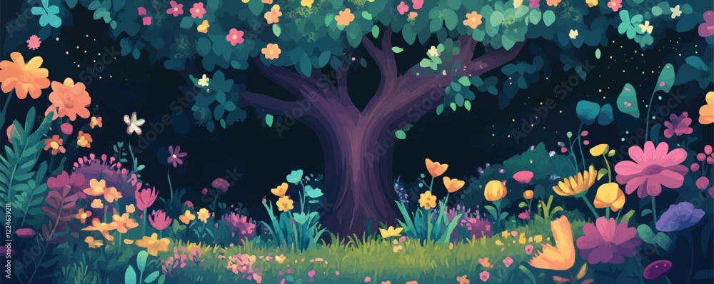 Fototapeta premium Vector garden scene with colorful flowers and majestic tree.