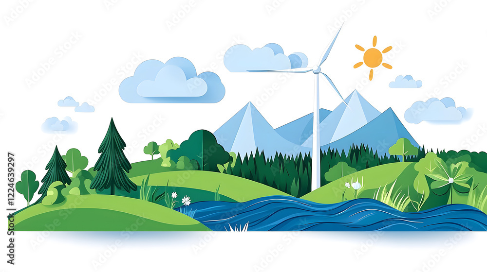 Obraz premium Wind Turbine Featuring a Sustainable and Renewable Energy Concept flat illustration. Earth Day
