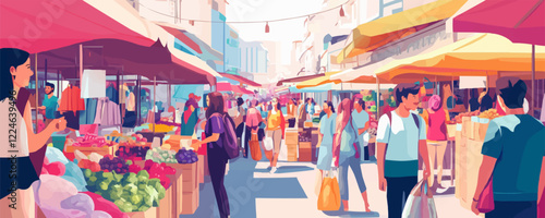 Colorful vector marketplace scene with busy stalls and shoppers.