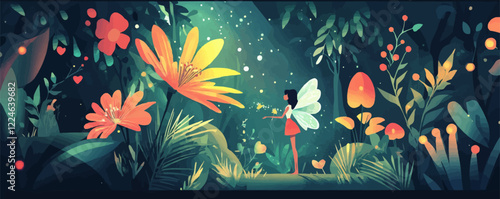 Enchanted forest vector with fairy and blooming flowers.