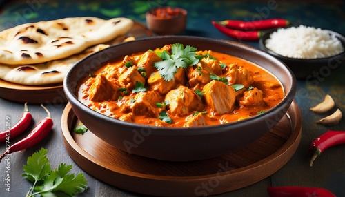 Chicken Tikka Masala served in a bowl, featuring tender chunks of chicken in rich orange sauce, overhead view food photo showcasing vibrant colors and textures. photo