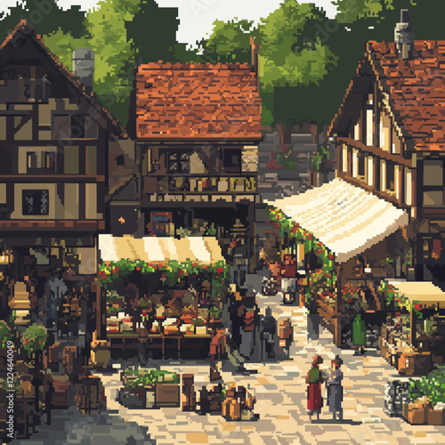 Pixel art vector of medieval market square in a sunlit village.