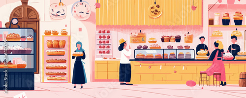 Vector bakery scene with customers and pastries display.