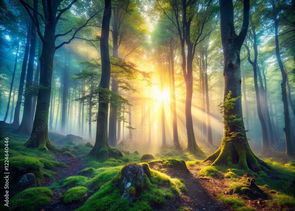 Obraz premium Ethereal Foggy Forest: Mystical Trees and Misty Morning Landscape