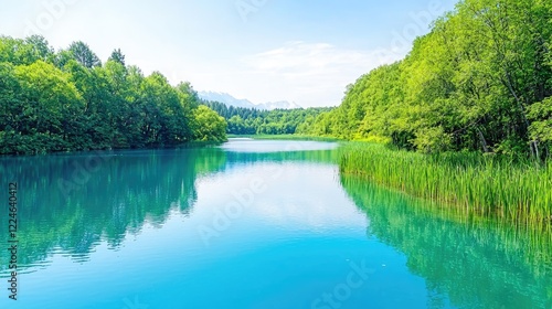 Serene lake nestled in lush green forest, reflecting blue sky; ideal for travel brochures