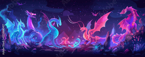 Fantasy dragon gathering vector artwork with night sky.